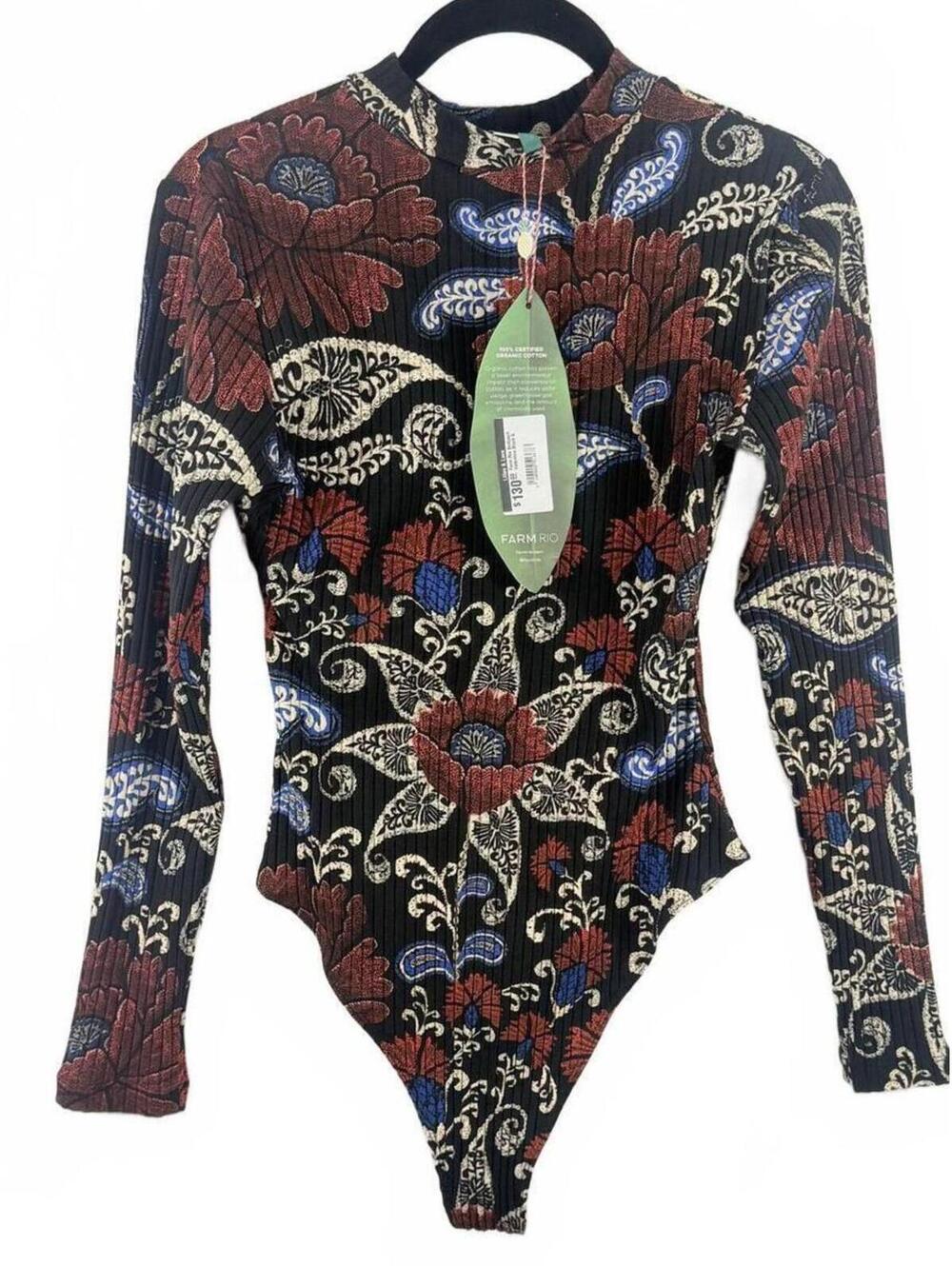 NWT! FARM Rio Valentina Black Floral Paisley Ribbed Long Sleeve Bodysuit Size‎ S - Picture 4 of 9